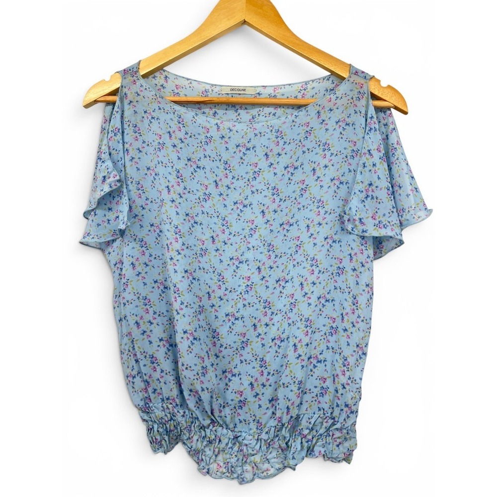 Decoline Blue Floral Chiffon Cold Shoulder Blouse Smocked Hem Small